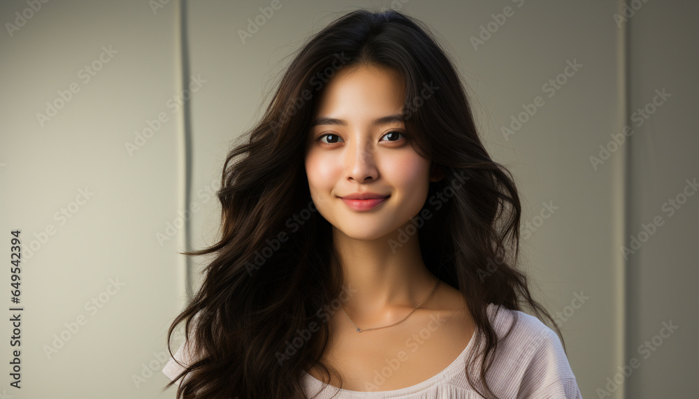 Beautiful young woman with long brown hair smiling at camera generated by AI Beautiful young woman with long brown hair smiling at camera generated by AI