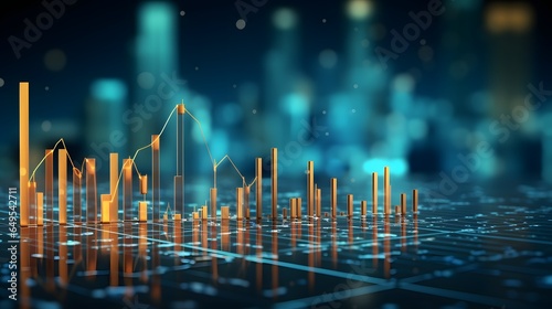 Financial background of stock and derivatives market, graphs, charts, columns, lines, numbers in blue color. Trend up and down. Financial market concept photo