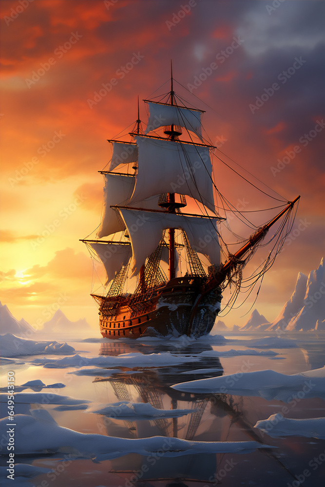 wood sailing ship in the north polar at night, colorful aurora, snow mountain, moon and stars, hyper realistic, dramatic light, create using generative AI tools