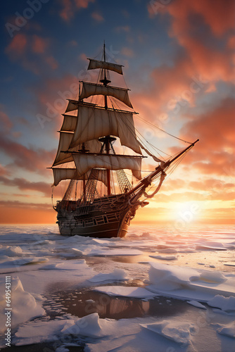 wood sailing ship in the north polar at night, colorful aurora, snow mountain, moon and stars, hyper realistic, dramatic light, create using generative AI tools