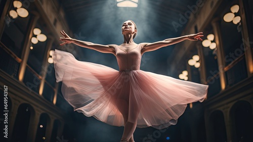 A portrait of a young ballerina in mid-air with light exposure AI Generative