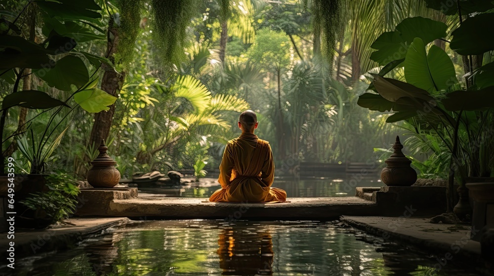 A serene and peaceful photo of a Buddhist monk meditation AI Generative - obrazy, fototapety, plakaty 