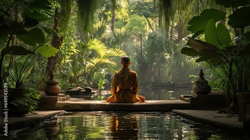 A serene and peaceful photo of a Buddhist monk meditation AI Generative photo