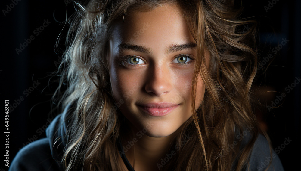 Obraz premium Young woman with long blond hair smiling at the camera generated by AI