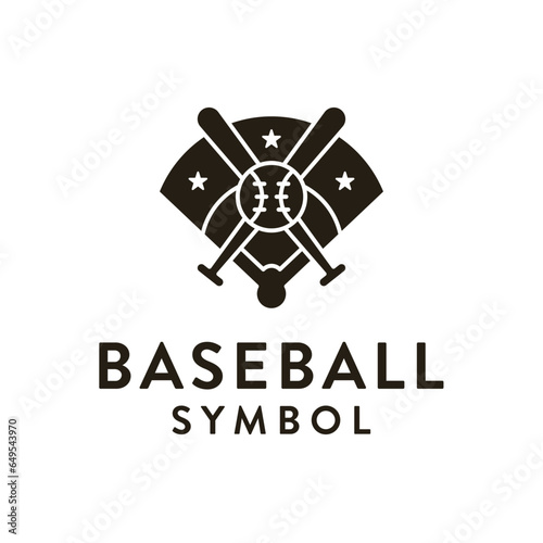 Baseball field icon. Silhouette of baseball field with ball and bat vector icon