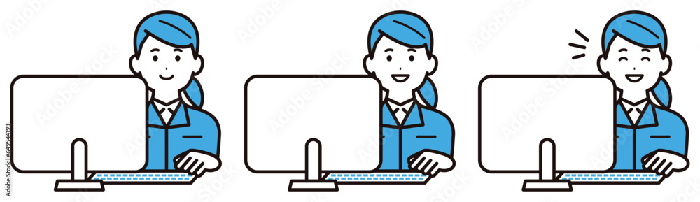 作業着を着てパソコン作業をする若い女性の表情のセット 作業着を着てパソコン作業をする若い女性の表情のセット