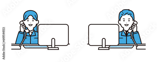 デスクワークで電話をする作業着を着た若い男女のビジネスパーソン