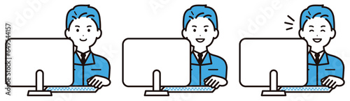 作業着を着てパソコン作業をする若い男性の表情のセット