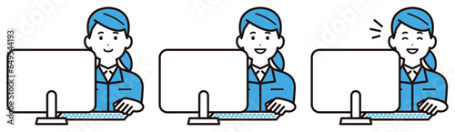 作業着を着てパソコン作業をする若い女性の表情のセット