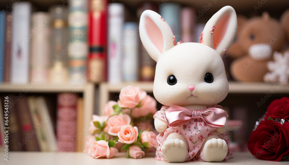 Cute baby rabbit sitting on a shelf, surrounded by flowers generated by AI