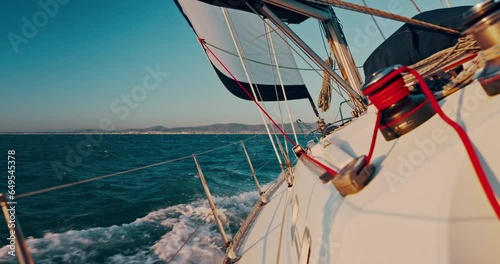 Sailing, boat and cruise with rope at sea for travel adventure, sport and holiday at the ocean with wind on an island. Closeup, cable and yacht in nature for vacation trip with winch wrap on waves photo