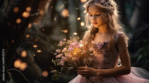 A young girl dressed as a fairy holding a bouquet of AI Generative