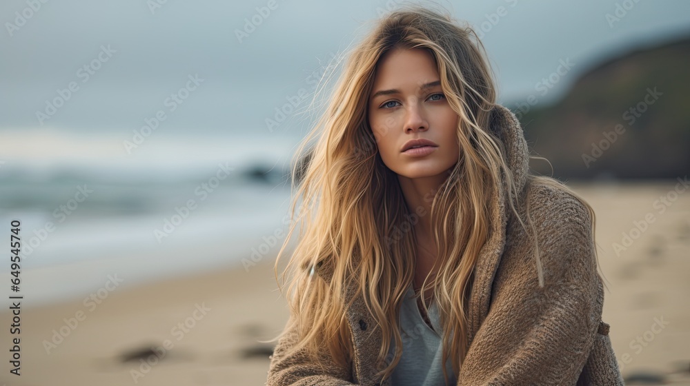 A young woman sitting on a beach looking out at the ocean AI Generative ...