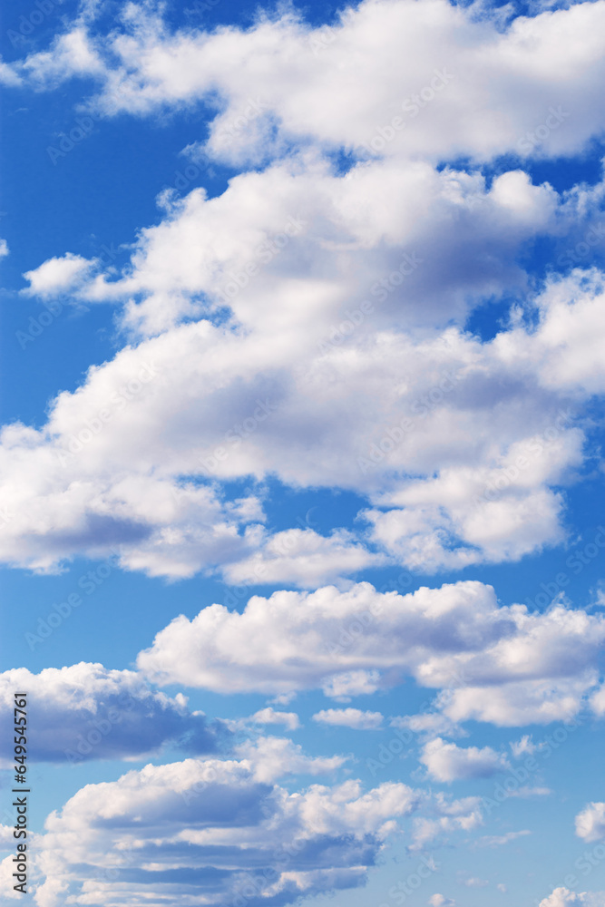 Fototapeta premium Blue sky with white clouds, bright colored cloudscape. Fluffy heaven pattern, aesthetic natural scene. Beautiful Cloudy background, nature environment backdrop, wallpaper, screensaver