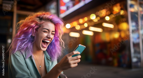 happy young woman with colored hair holding a smartphone in her hands