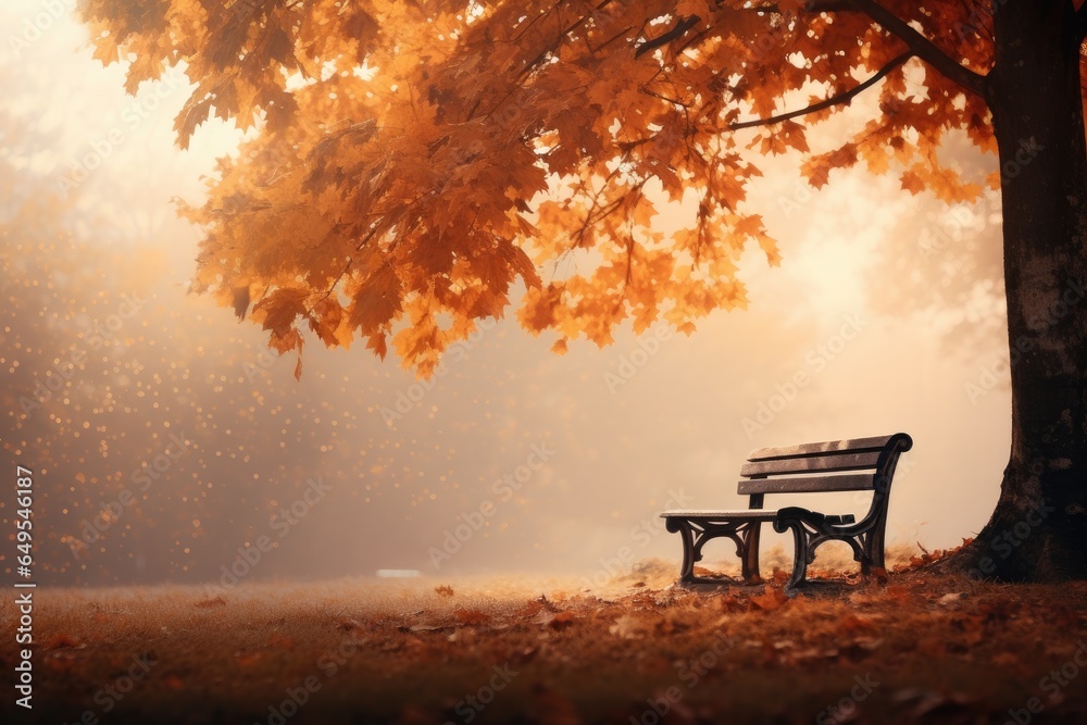 Park bench in a misty morning. Autumn illustration in art style. Generative Ai Park bench in a misty morning. Autumn illustration in art style. Generative Ai