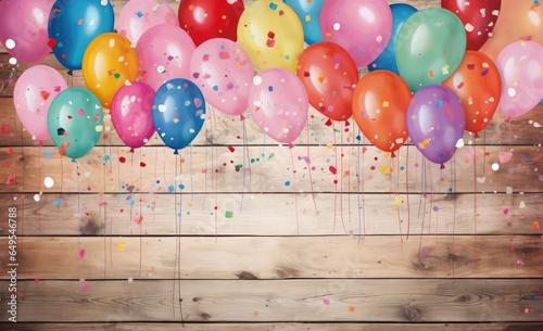 colorful balloons with wooden background for happy birth day, celebration concept 