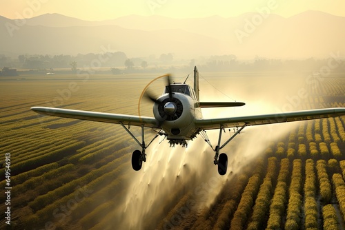 Crop Duster plane spraying crops. Spraying chemicals for accelerated crop growth.
