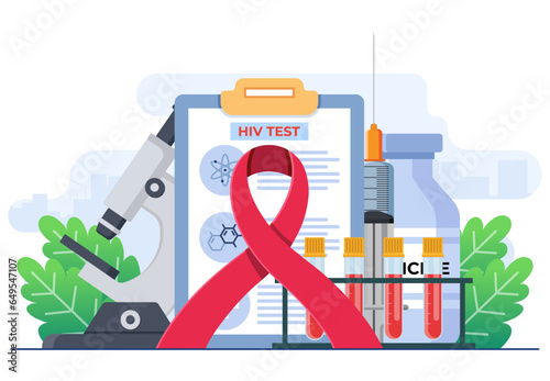 World AIDS Day illustration concept flat vector illustration vector template, Medical doctors with an HIV test tube are researching AIDS, Red Ribbon to raise awareness of the AIDS epidemic photo
