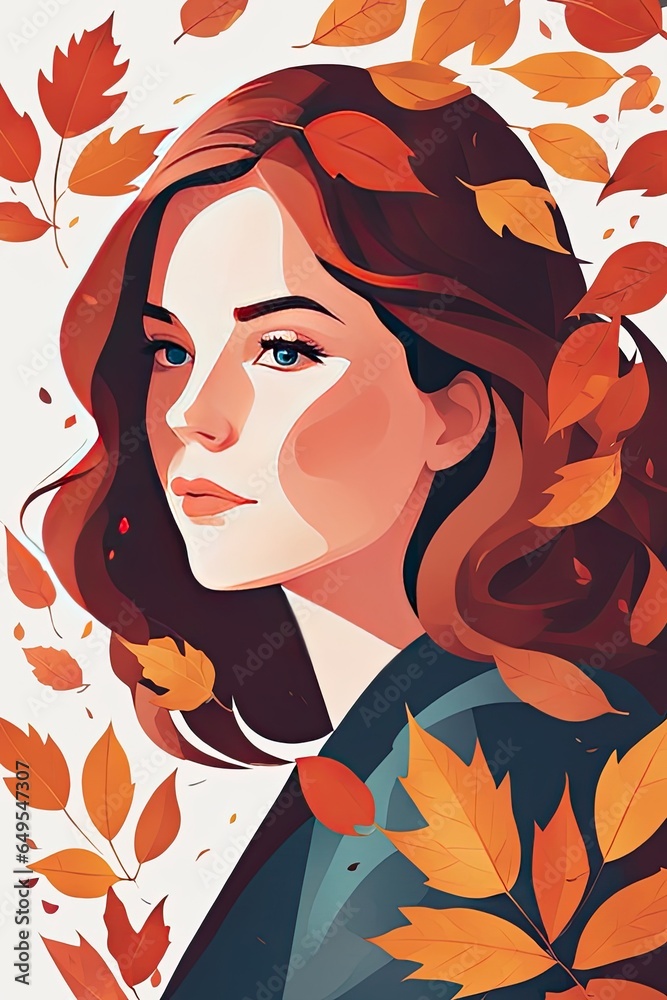 flat illustration girl surrounded in fall leaves graphic vector
