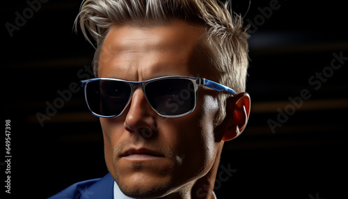 A confident young man in sunglasses exudes elegance and masculinity generated by AI