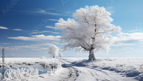 Winter landscape snow covered trees, blue sky, tranquil meadow, and mountains generated by AI © Gstudio