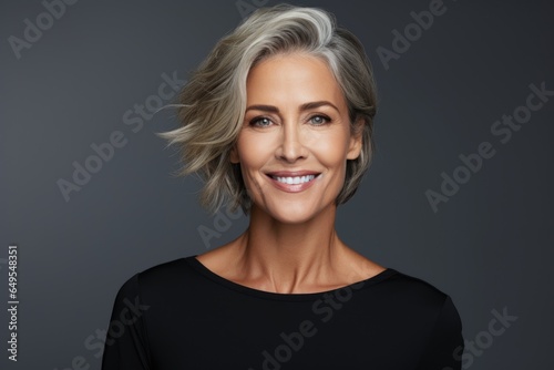 Beautiful gorgeous 50yo mid age beautiful elderly senior woman with grey hair laughing and smiling. Mature old lady close up portrait. Healthy face skin care beauty, skincare cosmetics, dental. photo