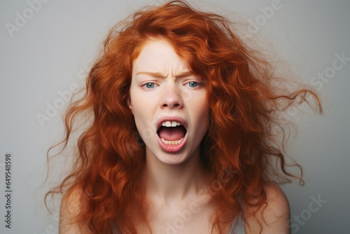 Redhead young woman on a light gray background in the studio, emotional female portrait.