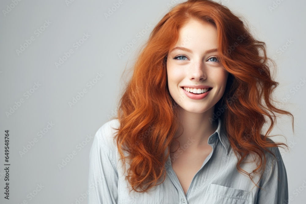 Red-haired girl on a gray background smiles. The concept of natural beauty, healthy lifestyle. Red-haired girl on a gray background smiles. The concept of natural beauty, healthy lifestyle.