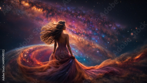 Cosmic Serenity: A Young Woman's Long Dress Merging Seamlessly with Swirling Galaxies and Stars of the Universe, Channeling Cosmic Energy in Deep Contemplation and Meditation. 