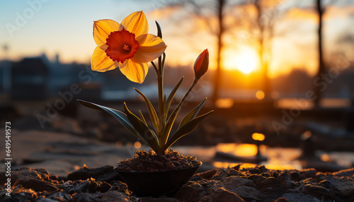 A vibrant sunset illuminates a single yellow flower in nature generated by AI