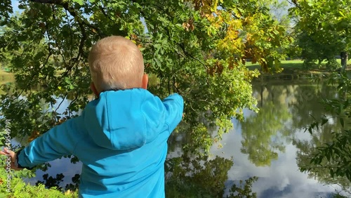 child throws acorns into the water while sitting on the shore of pond in autumn photo