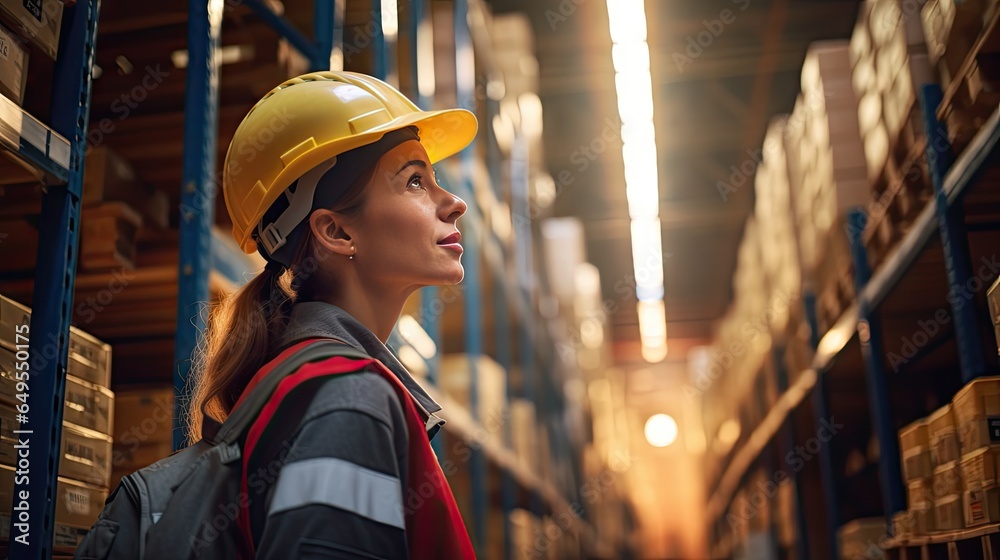 Professional female worker wearing a hard hat checks stock and inventory. Retail warehouse full of shelves