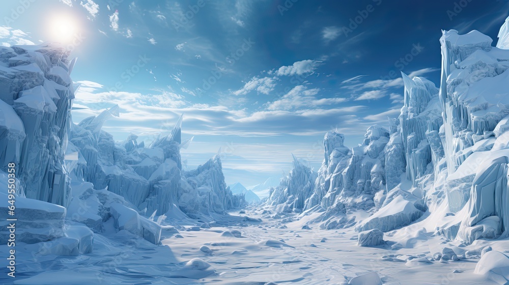 landscape with snow and ice,  a stunning frozen landscape, towering ice formations, blanket of snow, clear blue sky, sun beams down, soft light over the icy terrain, otherworldly winter wonderland.