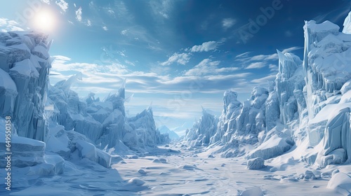 landscape with snow and ice   a stunning frozen landscape  towering ice formations  blanket of snow  clear blue sky  sun beams down  soft light over the icy terrain  otherworldly winter wonderland.