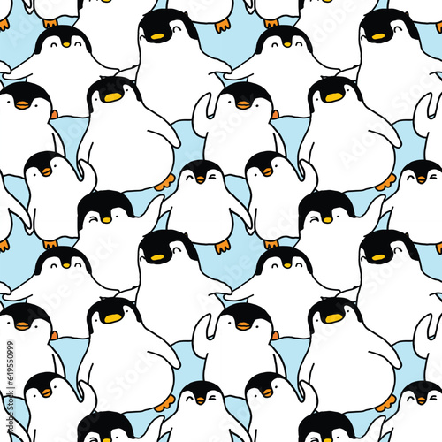 Seamless Pattern of Cute Cartoon Penguin Design on Light Blue Background