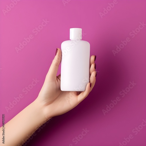Female Hand holds perfume bottle on a pink background. Beauty concept. generative ai