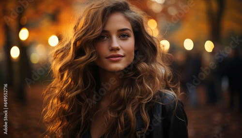 Young woman with long brown hair smiling outdoors, looking at camera generated by AI