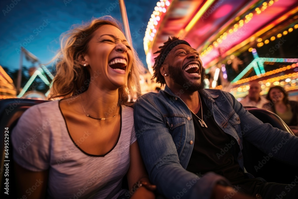 Couple in the amusement park with bokeh light background. Couple in the amusement park with bokeh light background.