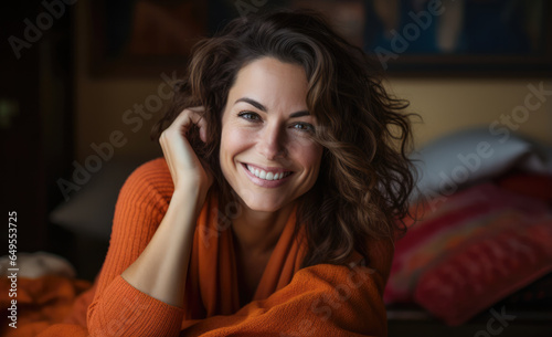 Happy woman chilling at home in a winter scene