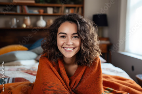 Happy woman chilling at home in a winter scene