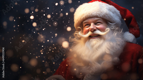 A close-up Santa Claus reveals his warm, benevolent countenance, marked by cheerful smile on snowy scene bokeh background, adding to enchanting ambiance of moment. Generative AI. © Surachetsh