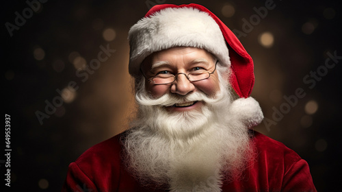 A close-up Santa Claus reveals his warm  benevolent countenance  marked by cheerful smile on snowy scene bokeh background  adding to enchanting ambiance of moment. Generative AI.