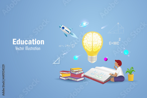 Education, back to school and reading as knowledge concept. Kid doing homework on books with smart brain in lightbulb and flying school elements for student inspiration and imagination. 3D vector.