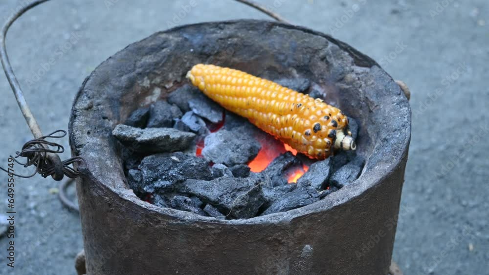 Stockvideon Grilled corn cobs on coal stove. Fresh roasted corncobs on