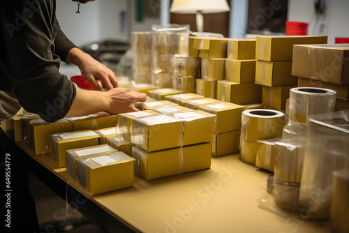 A packer wrapping and sealing boxes with tape