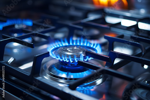 Blue kitchen gas stove flame in kitchen, black cast iron frame near