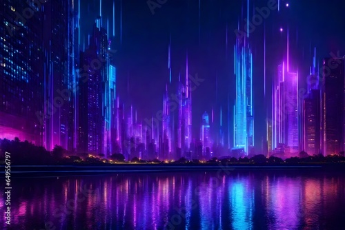  abstract urban futuristic background. Cityscape with neon light, starry night sky and water 