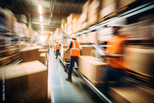 Blurred image of warehouse employees in action, moving shipment boxes efficiently, showcasing the dynamics of international trade logistics © Ployker