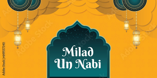Happy milad un nabi yellow and  dark sky blue color background poster or banner design vector file photo